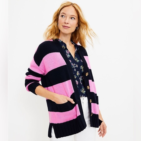 LOFT Striped Relaxed V-Neck Pocket Knit cotton Cardigan size large pink & blue - Picture 1 of 10